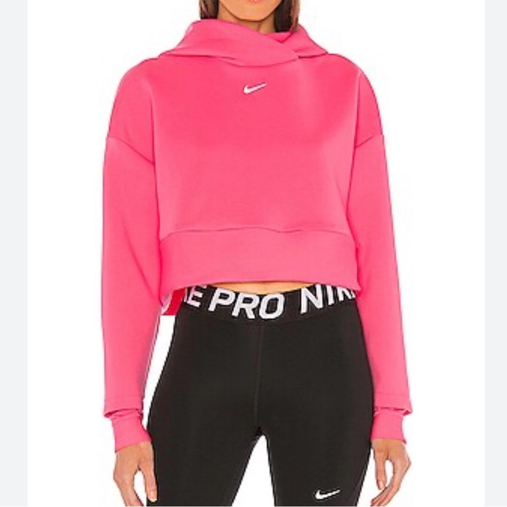 Nike Pro Dri-Fit Hot Pink Oversized Cropped Hoodie with Silver Swoosh Medium